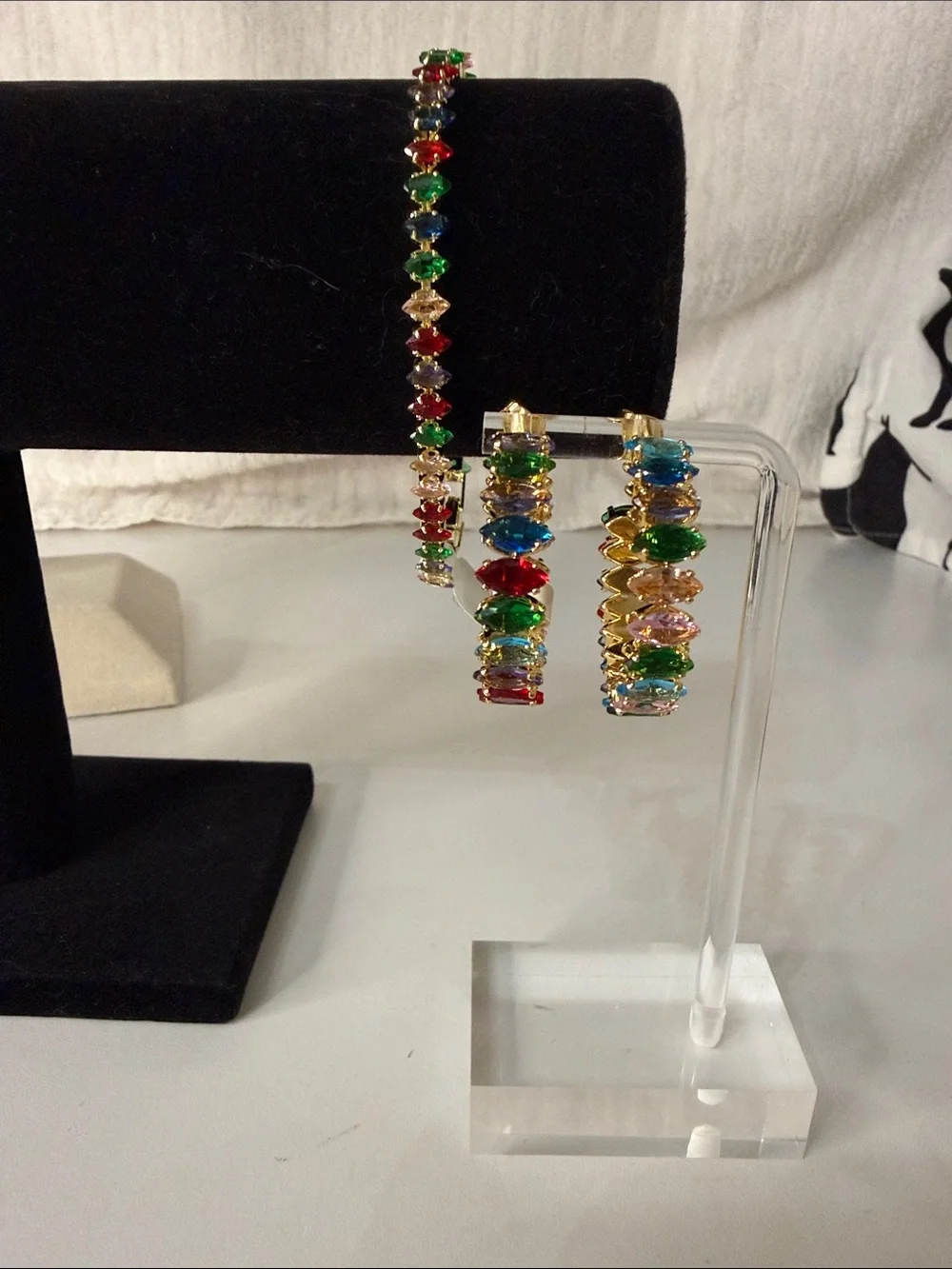 18k Triple Gold Plated Multicolor Crystal Hoop Earrings and Bracelet Set